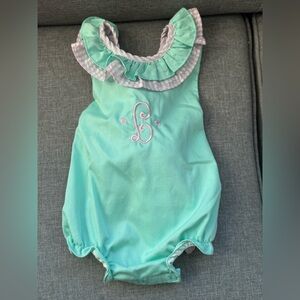 Smockingbird “L” Aqua and Pink Ruffled Sleeveless Bubble Romper-6 Months
